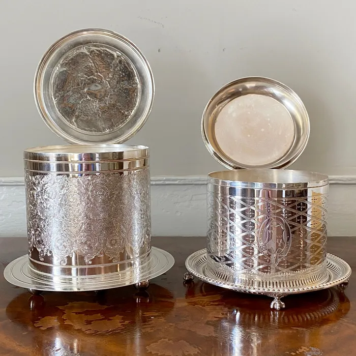 Victorian English SilverPlated Floral Biscuit Barrel Box Croghans Rings