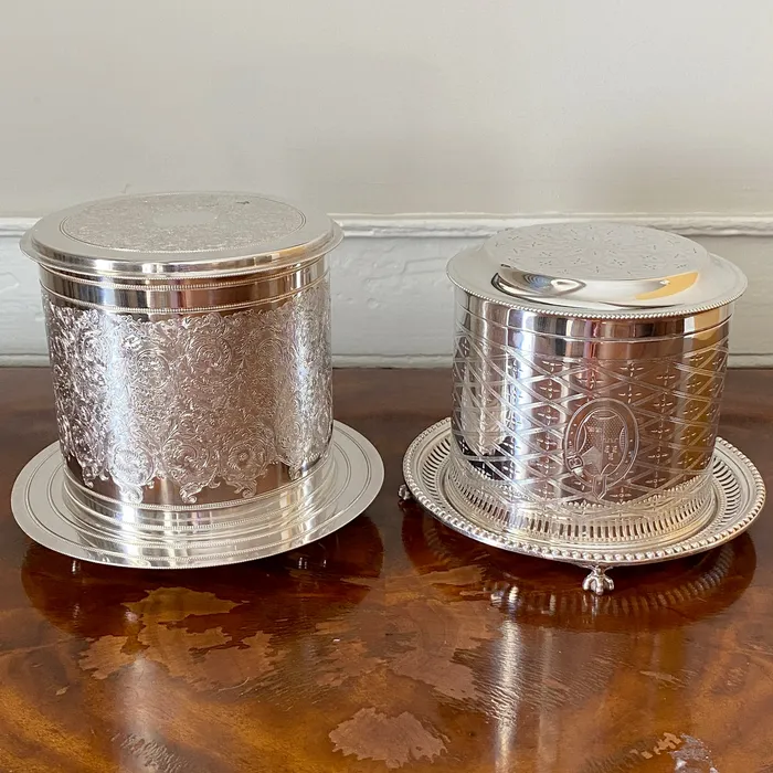 Victorian English SilverPlated Floral Biscuit Barrel Box Croghans Rings