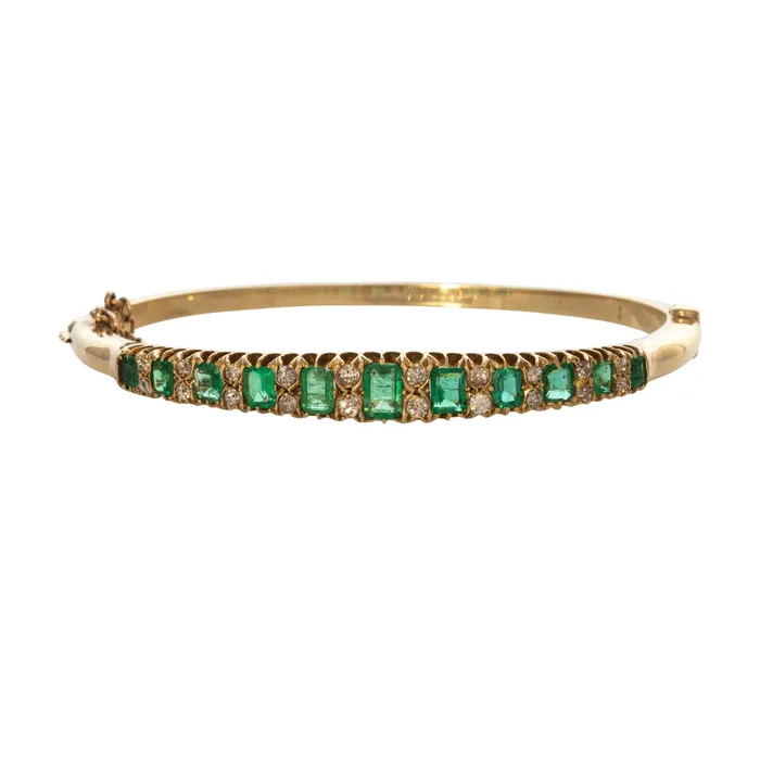 Victorian Graduated Emerald Diamond 15K Yellow Gold Bangle Croghans Earrings Victorian Graduated Emerald Diamond 15K Yellow Gold Bangle Croghans Earrings