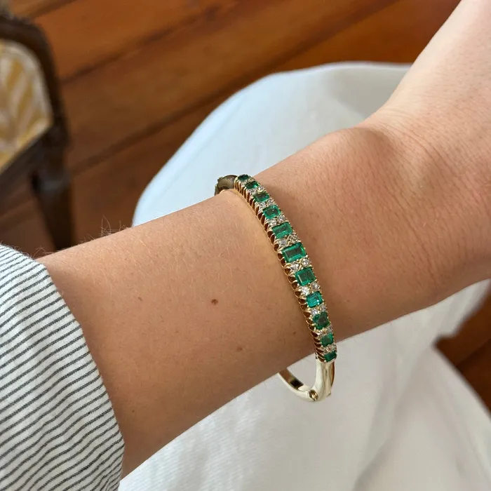 Victorian Graduated Emerald Diamond 15K Yellow Gold Bangle Croghans Earrings