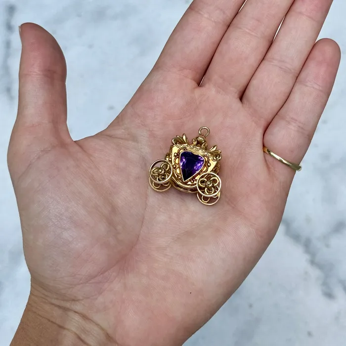 Vintage Etruscan Revival Amethyst 18K Gold Carriage Charm Croghans PreStyled Sets