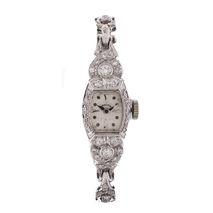 Vintage Hamilton Ladies Watch 14K White Gold Silver Dial 14 x 18mm Manual Wind Preowned Meierotto Jewelers Earrings