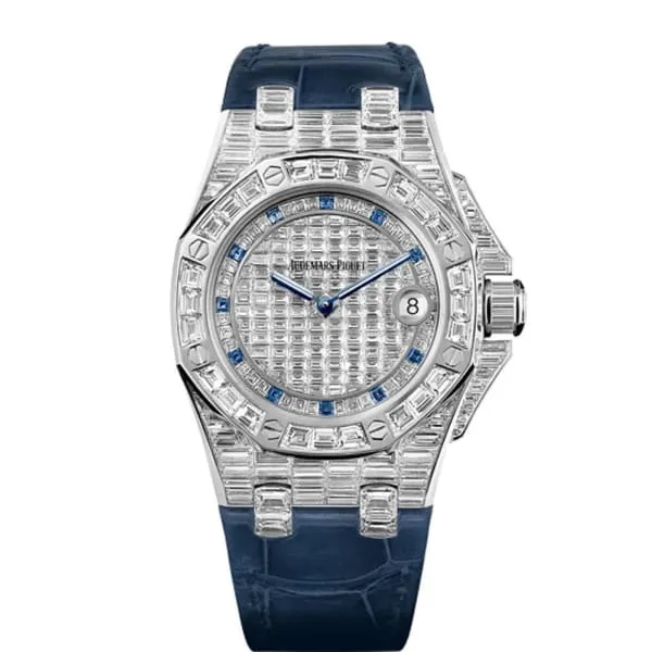 Watches Audemars Piguet Audemars Piguet Royal Oak Offshore 37mm Watch Ref 67543BCZZD023CR01 Pave Diamond Dial Diamond Bezel Blue Alligator Strap Watches Audemars Piguet Audemars Piguet Royal Oak Offshore 37mm Watch Ref 67543BCZZD023CR01 Pave Diamond Dial Diamond Bezel Blue Alligator Strap