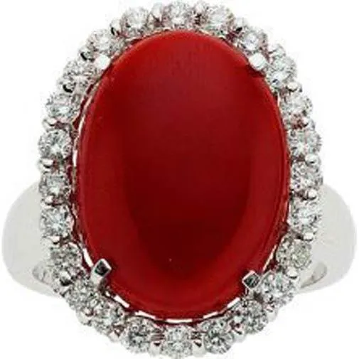 1125 Ct Prong Set Red Coral With Natural Earth Mined Diamonds Ring 14K White Gold GB Rings 1125 Ct Prong Set Red Coral With Natural Earth Mined Diamonds Ring 14K White Gold GB Rings
