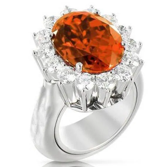 13 Ct Oval Mandarin Garnet With Round Natural Earth Mined Diamonds Ring White Gold GB Rings 13 Ct Oval Mandarin Garnet With Round Natural Earth Mined Diamonds Ring White Gold GB Rings