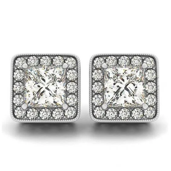 2 Carats Princess Round Natural Earth Mined Diamonds Halo Studs Earrings White Gold 14K GB Earrings 2 Carats Princess Round Natural Earth Mined Diamonds Halo Studs Earrings White Gold 14K GB Earrings