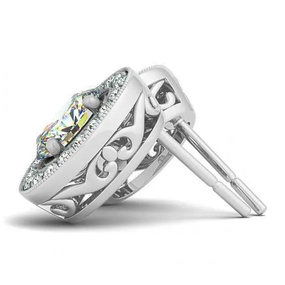 2 Carats Princess Round Natural Earth Mined Diamonds Halo Studs Earrings White Gold 14K GB Earrings