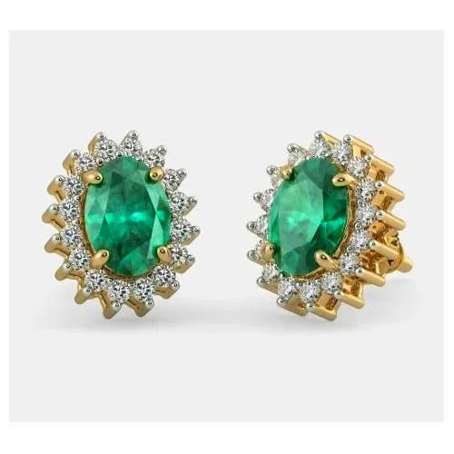 480 Ct Green Emerald With Natural Earth Mined Diamond Stud Earring 14K Yellow Gold GB Earrings