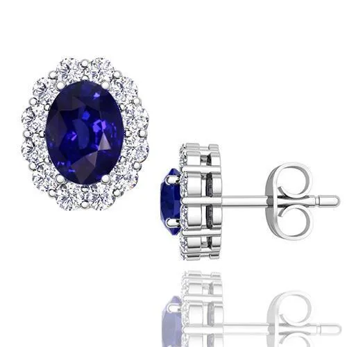 640 Ct Oval Sapphire And Natural Earth Mined Diamonds Ladies Studs Earring White GB Earrings