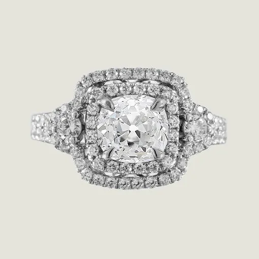 Double Halo Cushion Shaped Ring Old Cut Round Natural Earth Mined Diamonds 4 Carats HarryChadEntcom Rings