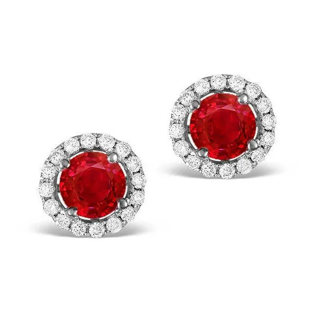 Earrings GB 240 Ct Round Cut Red Ruby And Halo Natural Earth Mined Diamond Stud Earring