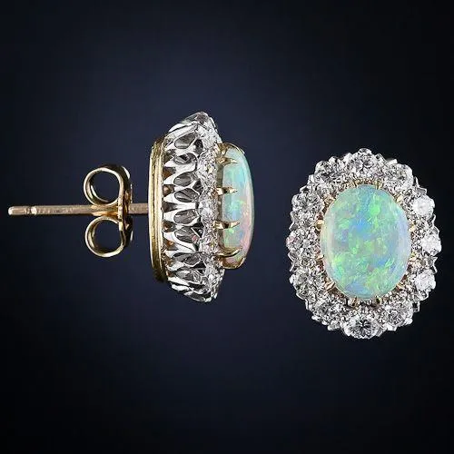 Earrings GB Women Studs Earrings 11 Ct Opal With Natural Earth Mined Diamonds Yellow Gold 14K