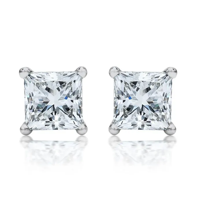 GB Earrings 15 Ct Four Prong Set Princess Natural Earth Mined Diamond Stud Earring 14K White Gold