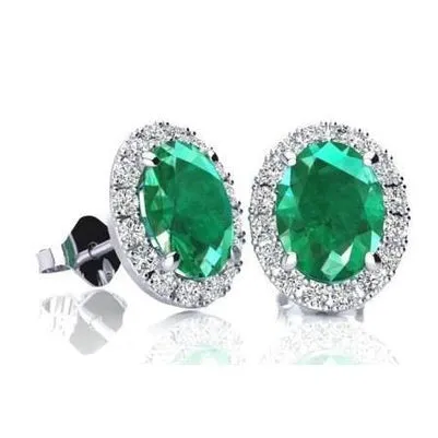 GB Earrings 1230 Ct Oval Cut Green Emerald With Halo Natural Earth Mined Diamond Stud Earring Gold