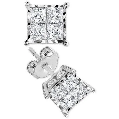 GB Earrings 2 Ct Princess Cut Natural Earth Mined Diamond Stud Earring White Gold