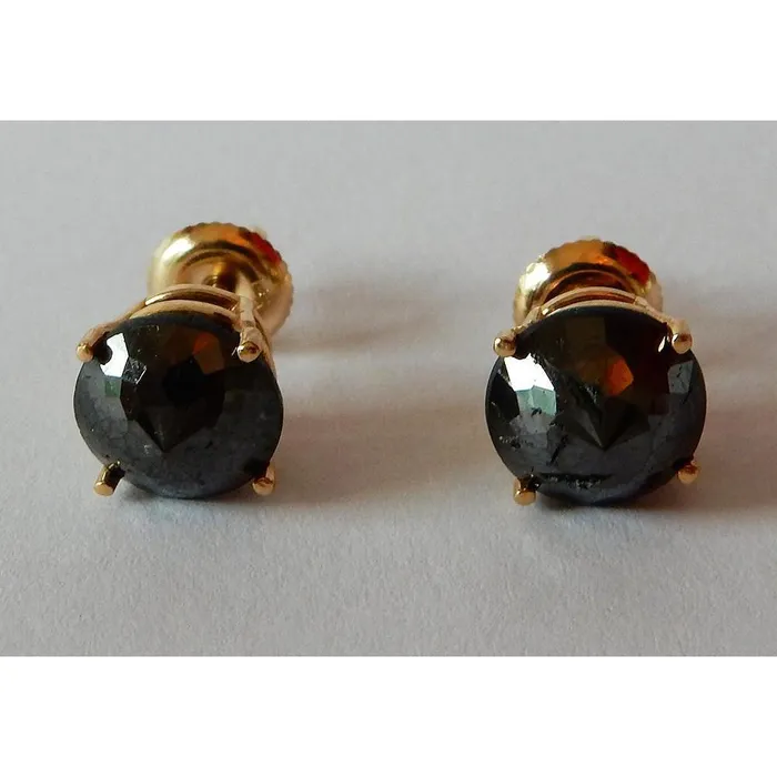 GB Earrings 4 Carats Stud Earrings Round Black Natural Earth Mined Diamonds Yellow Gold