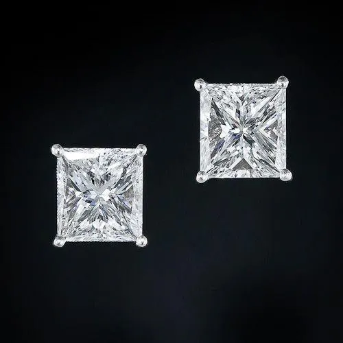 GB Earrings 4 Ct Big Princess Cut Prong Set Genuine Natural Earth Mined Diamond Stud Earring