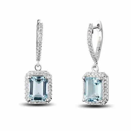 GB Earrings New Ladies Dangle Earrings 18 Ct Aquamarine And Natural Earth Mined Diamonds