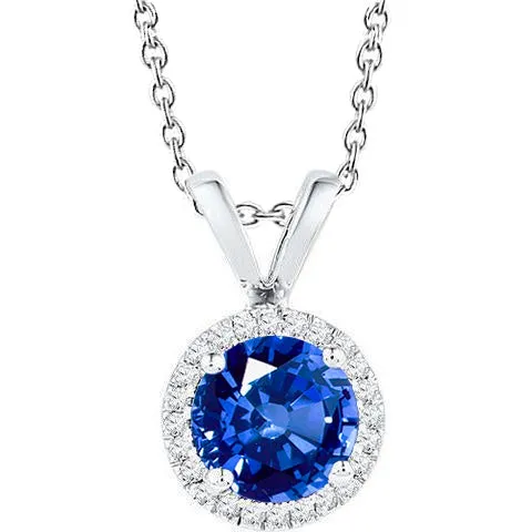 GB Necklaces Round Sapphire Jewelry Natural Earth Mined Diamond Halo Pendant Solid Gold 14K 2 Carats GB Necklaces Round Sapphire Jewelry Natural Earth Mined Diamond Halo Pendant Solid Gold 14K 2 Carats