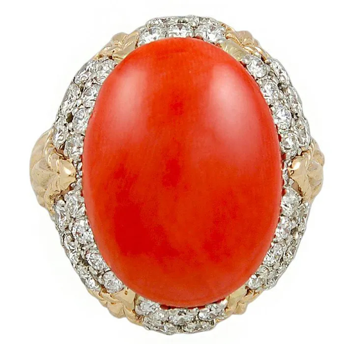 GB Oval Red Coral With Natural Earth Mined Diamonds 1120 Ct Wedding Ring 14K Yellow Gold 14K Rings GB Oval Red Coral With Natural Earth Mined Diamonds 1120 Ct Wedding Ring 14K Yellow Gold 14K Rings