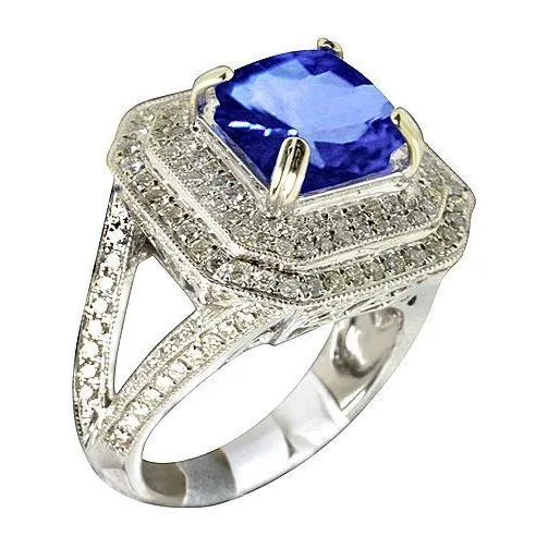 GB Rings Blue Sapphire With Natural Earth Mined Diamond Halo Ring