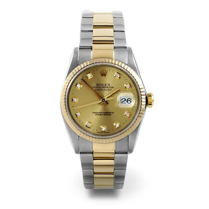 GB Rings Rolex Two Tone Mens Date Just Diamond Dial Oyster Band Champagne QUICK SET