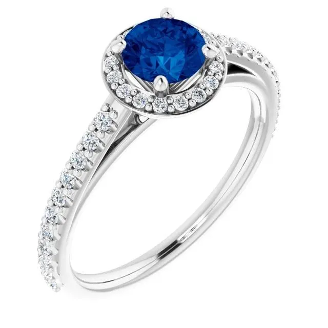 GB Round Halo Blue Sapphire 250 Carats Ring White Gold 14K Rings