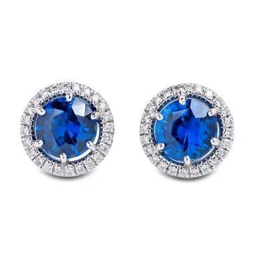 Halo Round Prong Set Stud Earrings 520 Carats Ceylon Sapphire GB Earrings