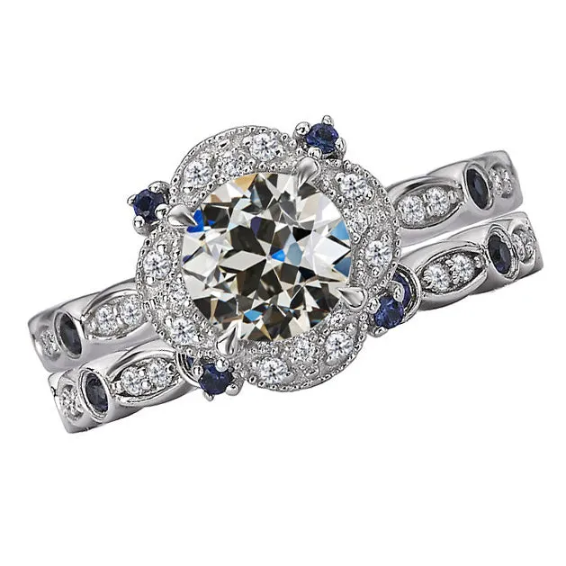 HarryChadEntcom Halo Old Cut Natural Earth Mined Diamond Blue Sapphire Wedding Ring Set 5 Carats Rings HarryChadEntcom Halo Old Cut Natural Earth Mined Diamond Blue Sapphire Wedding Ring Set 5 Carats Rings