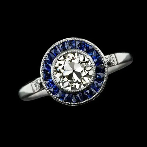 HarryChadEntcom Rings Halo Ring Old Cut Round Natural Earth Mined Diamond Baguette Sapphire Bezel Set 3 Carats