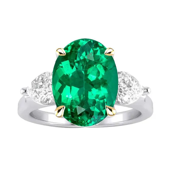 HarryChadEntcom Rings Three Stone Gemstone Ring Oval Green Emerald Diamonds