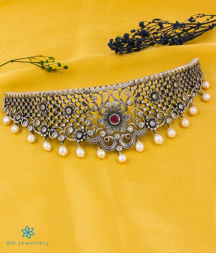 Necklaces Temple The Bhuvika Silver Pearl Choker Necklace