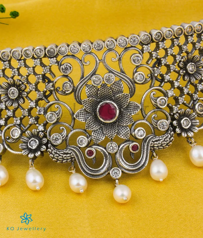Necklaces Temple The Bhuvika Silver Pearl Choker Necklace