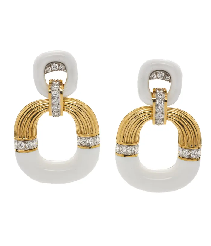 Radiator Hoop Earrings Diamonds and White Enamel David Webb Earrings