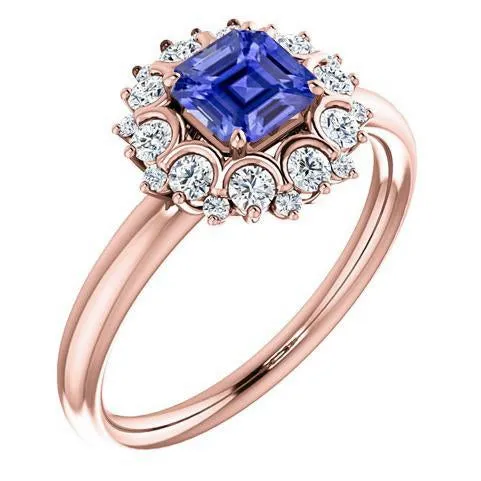 Rings HarryChadEntcom Rose Gold Halo Ring Asscher Cut Ceylon Sapphire Flower Style 3 Carats