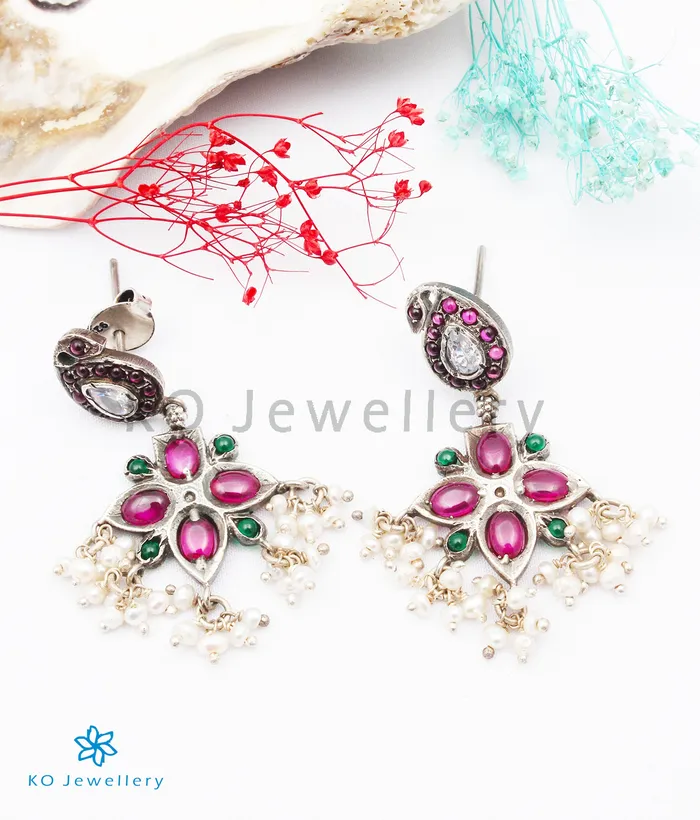 The Chaiti Silver Peacock Earrings Temple Earrings