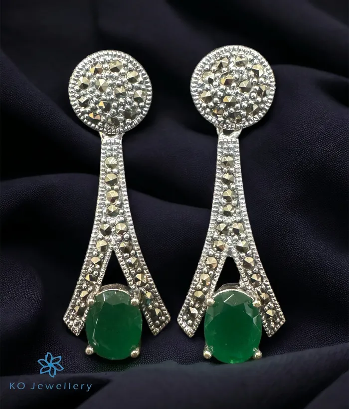 The Trillion Silver Marcasite Cocktail Earrings Green Marcasite Earrings