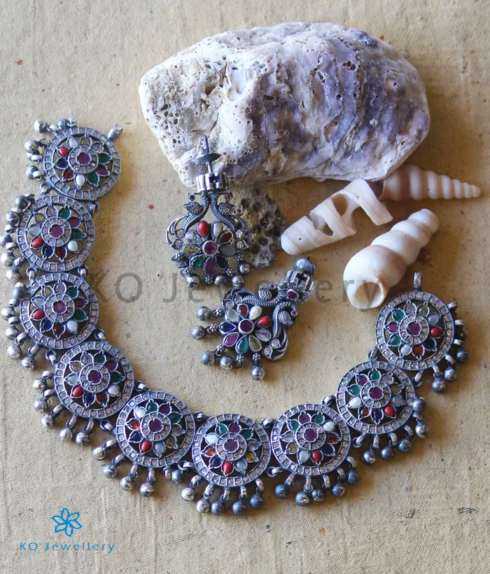 The Vansh Silver Navratna Necklace Oxidised Silversmith Necklaces