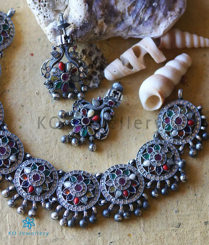 The Vansh Silver Navratna Necklace Oxidised Silversmith Necklaces