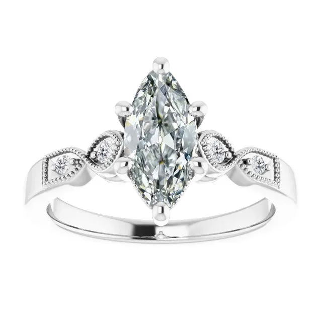 White Gold Marquise Natural Diamond Old Mine Solitaire Ring With Accents 150 Carats HarryChadEntcom Rings