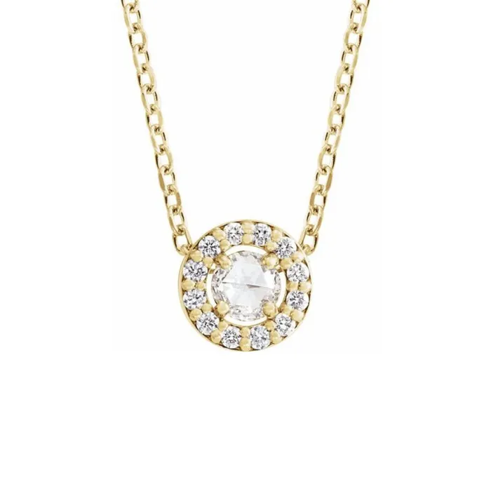 025ct Round Rosecut Diamond Halo Necklace in Solid Gold Stuller Necklaces