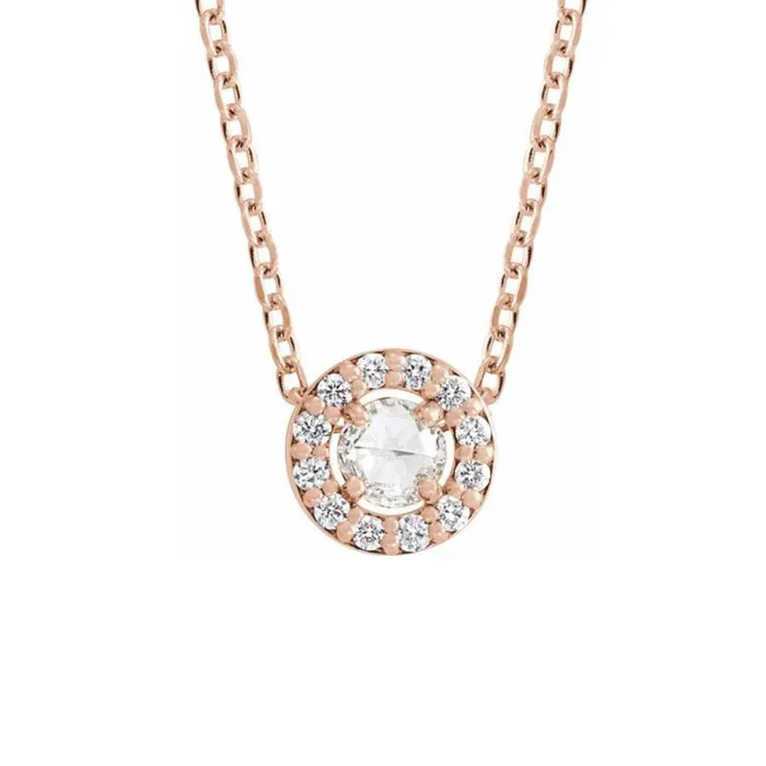 025ct Round Rosecut Diamond Halo Necklace in Solid Gold Stuller Necklaces