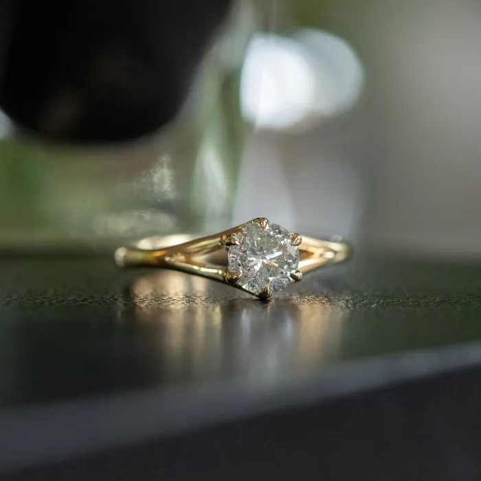 081ct Salt and Pepper Diamond Six Prong Split Shank Ring In 18k Yellow Gold Anueva Jewelry Rings