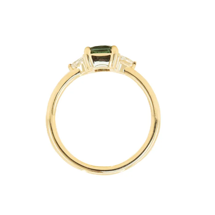 116ct Teal Green Radiant Cut Montana Sapphire and Trillion Diamond Low Profile Three Stone ring in 14k Yellow Gold Anueva Jewelry Rings