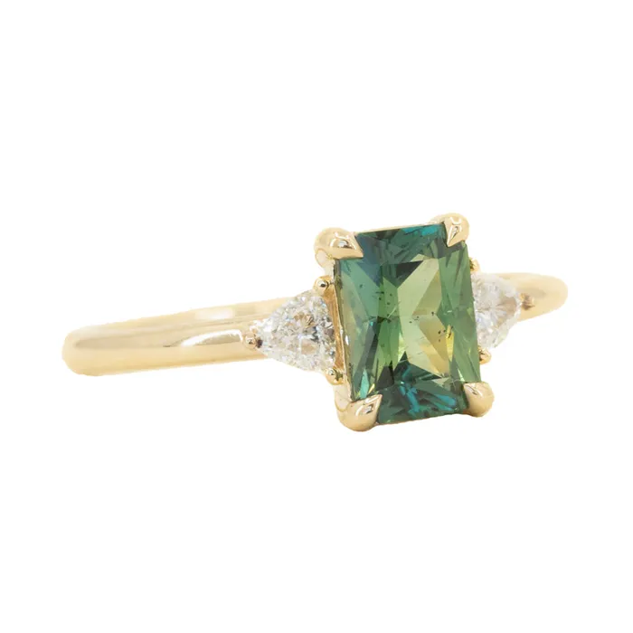 116ct Teal Green Radiant Cut Montana Sapphire and Trillion Diamond Low Profile Three Stone ring in 14k Yellow Gold Anueva Jewelry Rings