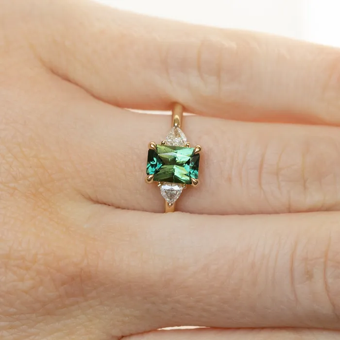 116ct Teal Green Radiant Cut Montana Sapphire and Trillion Diamond Low Profile Three Stone ring in 14k Yellow Gold Anueva Jewelry Rings