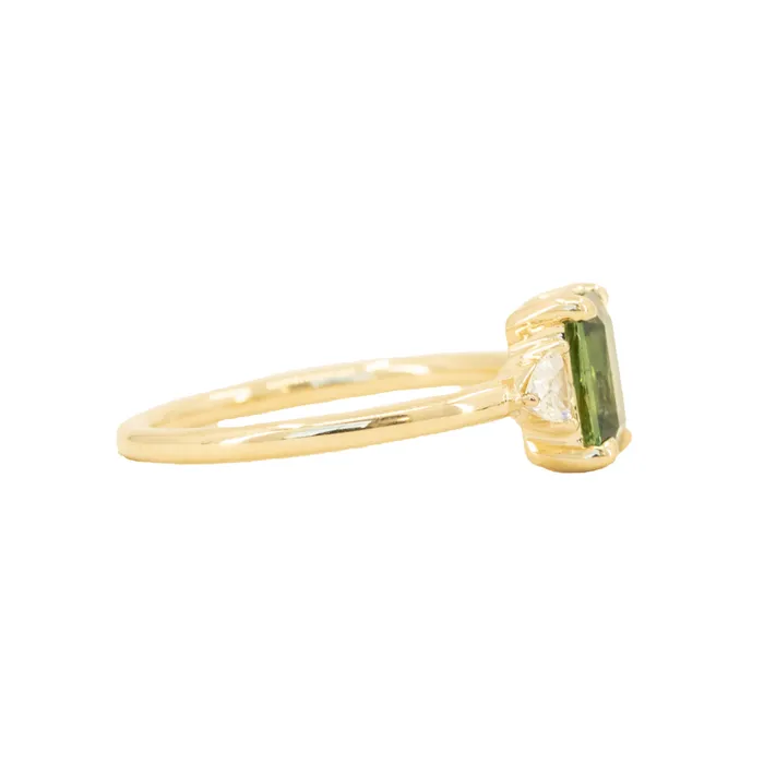 116ct Teal Green Radiant Cut Montana Sapphire and Trillion Diamond Low Profile Three Stone ring in 14k Yellow Gold Anueva Jewelry Rings