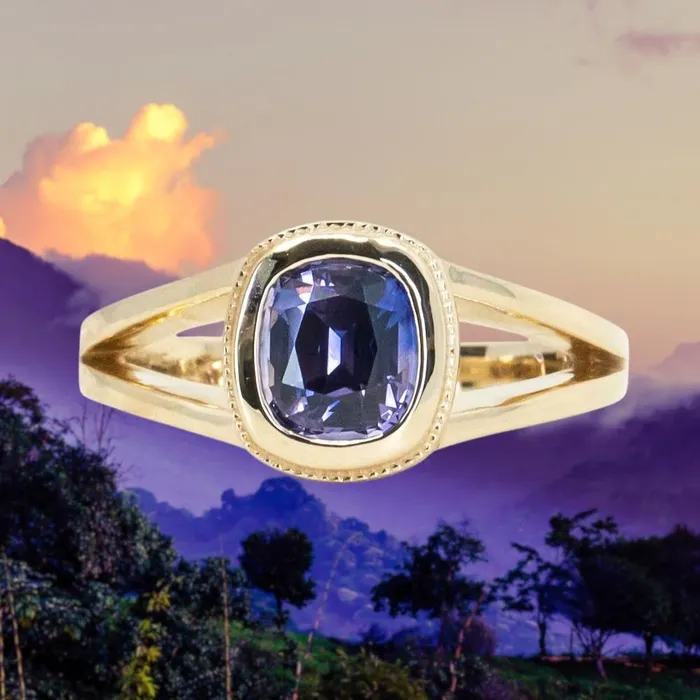 150ct Bicolor Purple Cushion Cut Sapphire Split Shank Bezel Ring with Milgrain in 14k Yellow Gold Anueva Jewelry Rings 150ct Bicolor Purple Cushion Cut Sapphire Split Shank Bezel Ring with Milgrain in 14k Yellow Gold Anueva Jewelry Rings
