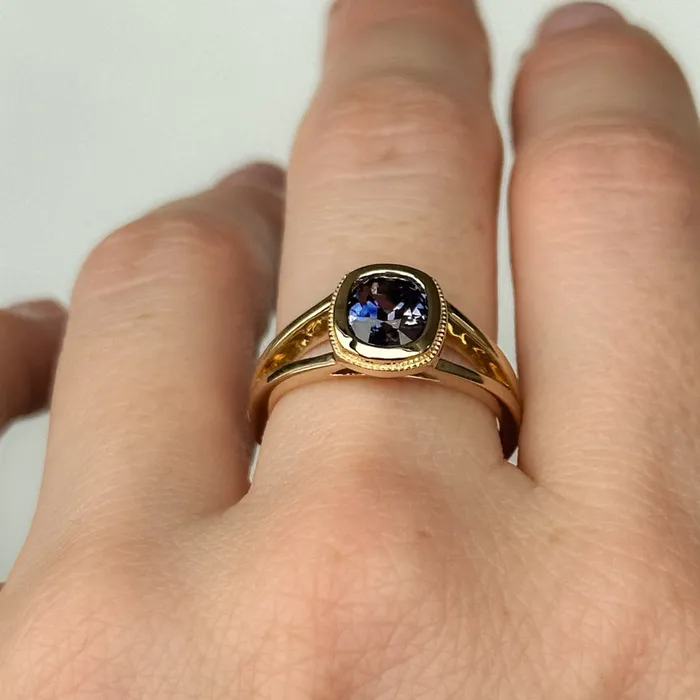 150ct Bicolor Purple Cushion Cut Sapphire Split Shank Bezel Ring with Milgrain in 14k Yellow Gold Anueva Jewelry Rings