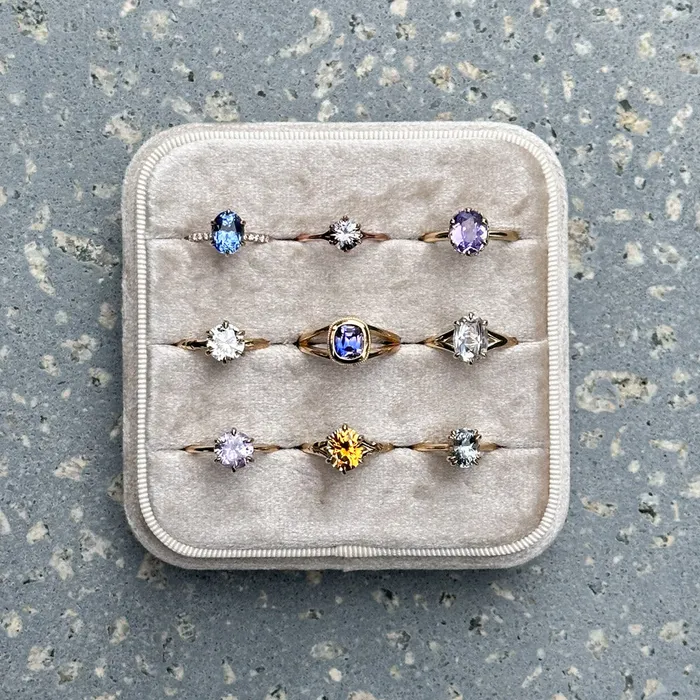 150ct Bicolor Purple Cushion Cut Sapphire Split Shank Bezel Ring with Milgrain in 14k Yellow Gold Anueva Jewelry Rings